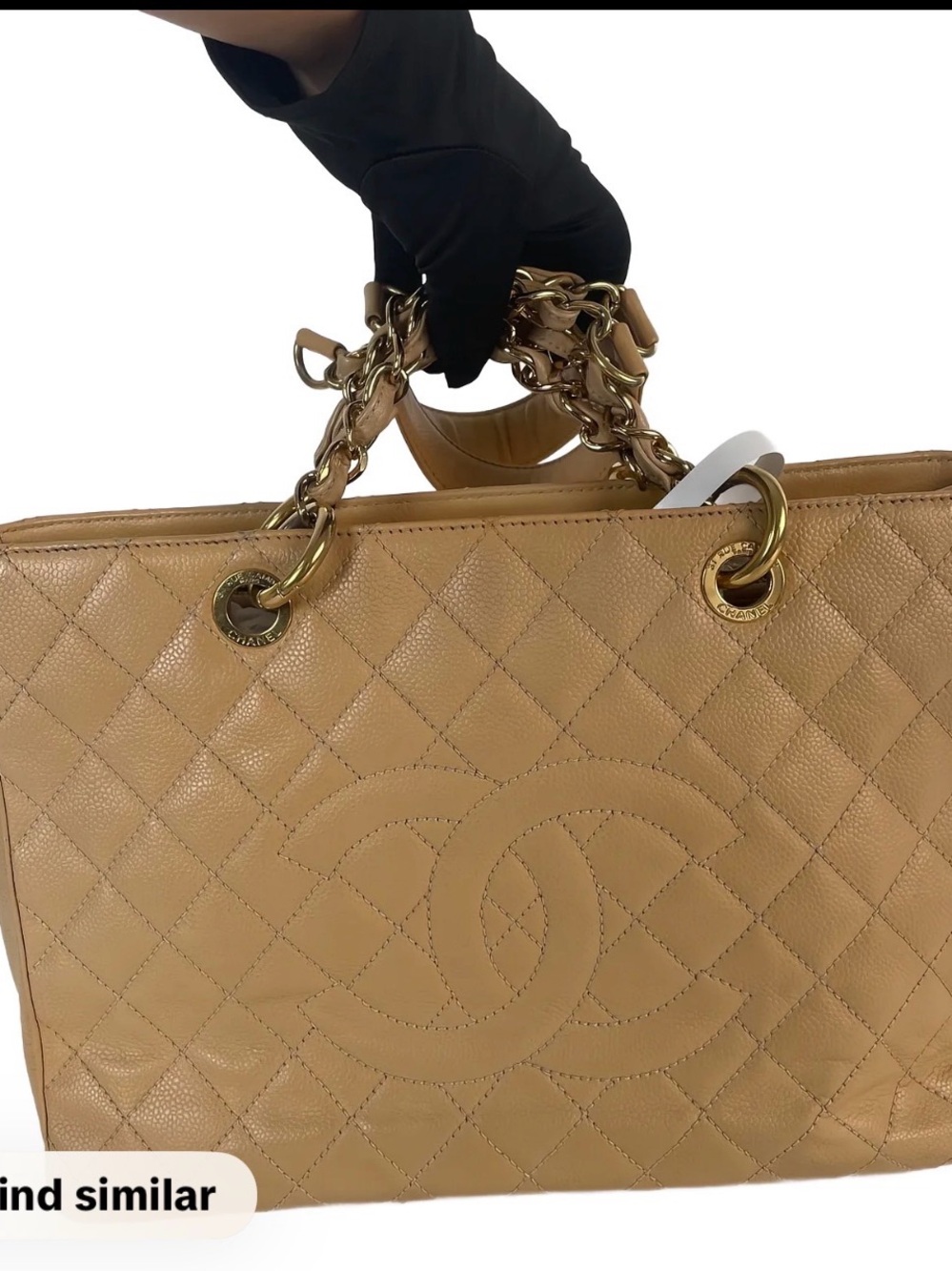 CHANEL Beige Caviar leather GST with Gold Chain Handles